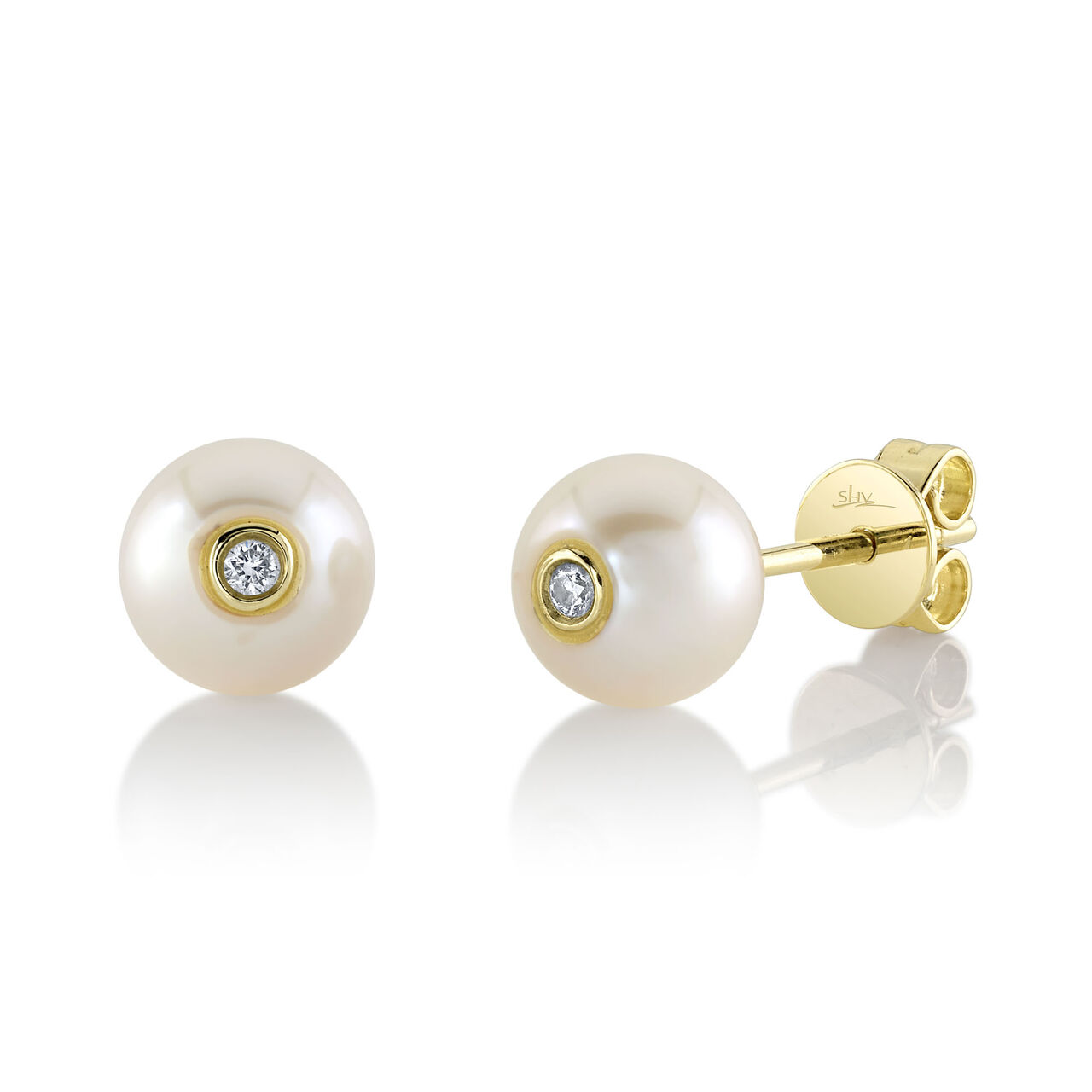 Shy Creation Jackie Yellow Gold, Pearl and Diamond Stud Earrings image number 0